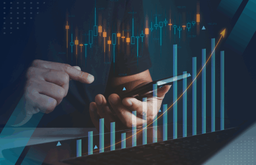 Analyst measuring document automation value on a mobile device with rising bar chart and digital analytics graphics