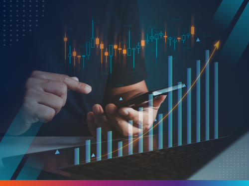 Analyst measuring document automation value on a mobile device with rising bar chart and digital analytics graphics