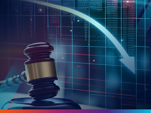 Gavel against a digital data overlay with a downward trending arrow, representing declining legal spend