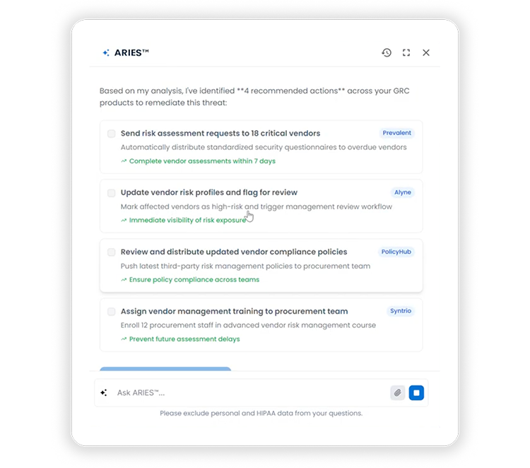 ARIES AI agent interface for GRC risk analysis in Mitratech platform