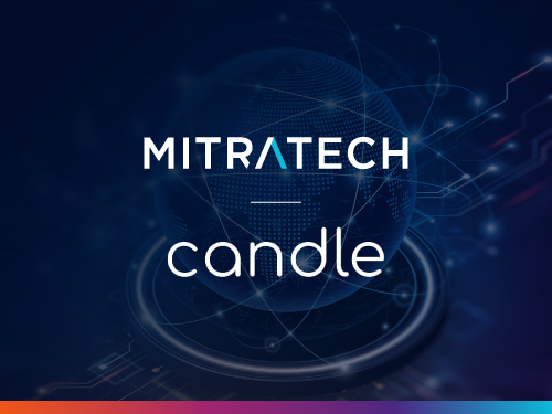 Mitratech and Candle AI partnership logo lockup on a dark blue tech-themed background
