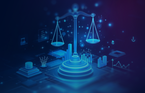 Glowing blue scales of justice on a tiered pedestal, surrounded by bar charts, line graphs, and data icons on a dark digital background.