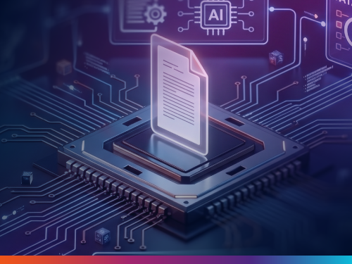"AI-powered document automation platform interface generating a digital contract on a circuit board background, representing enterprise document automation software"