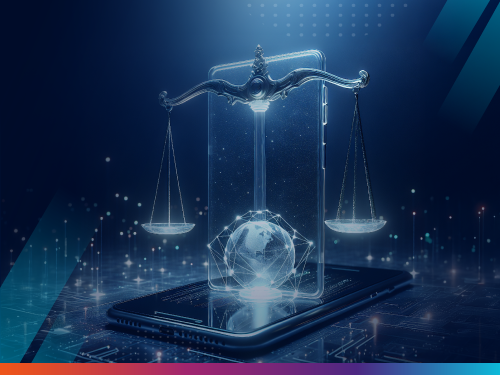 Digital illustration of a balanced scale over a global network representing legal operations system integration and compliance