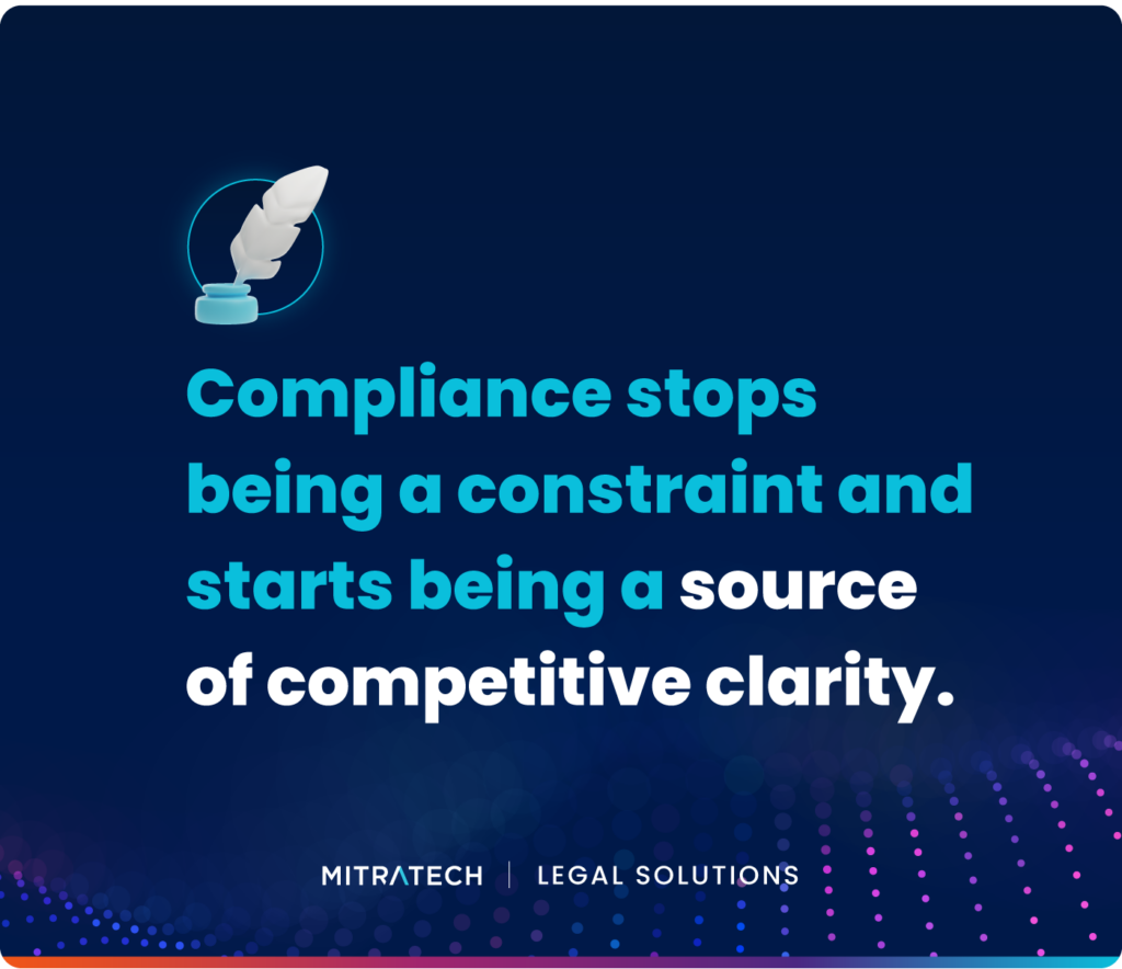 Mitratech quote graphic: Compliance stops being a constraint and starts being a source of competitive clarity