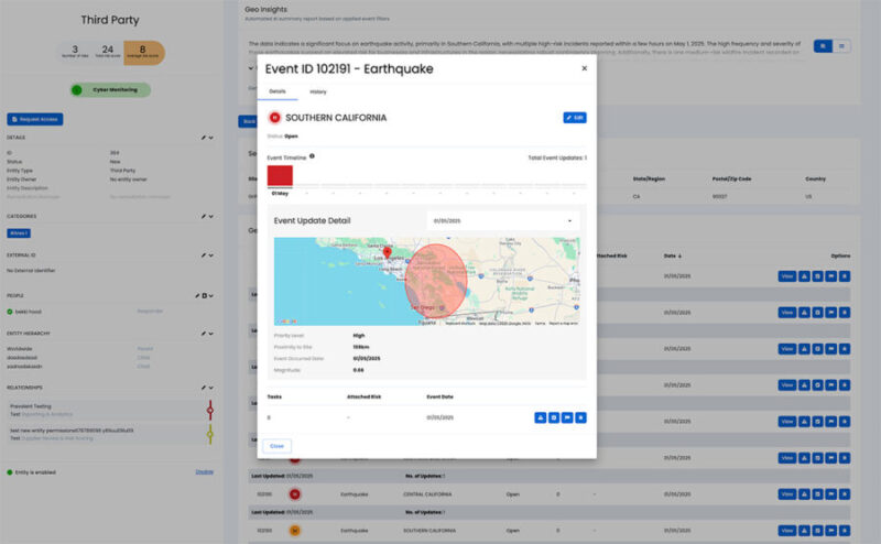 Screenshot of Mitratech TPRM platform feature Geo Events Monitoring. Dashboard with earthquake event data associated with a vendor.