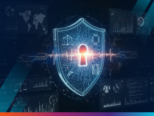Digital cybersecurity shield with circuit patterns and a keyhole, representing AI governance and data protection for legal teams