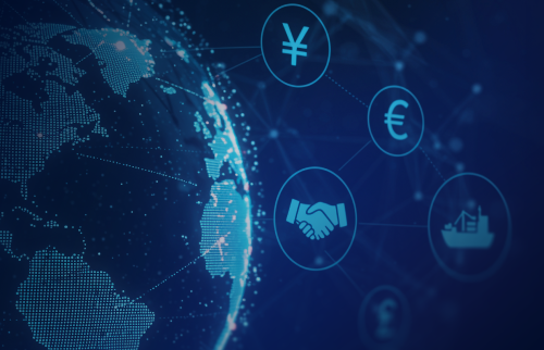 Digital globe graphic with currency and trade icons, representing international eBilling compliance and cross-border legal billing