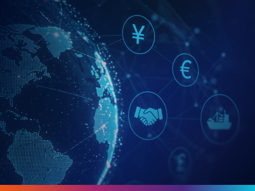 Digital globe graphic with currency and trade icons, representing international eBilling compliance and cross-border legal billing