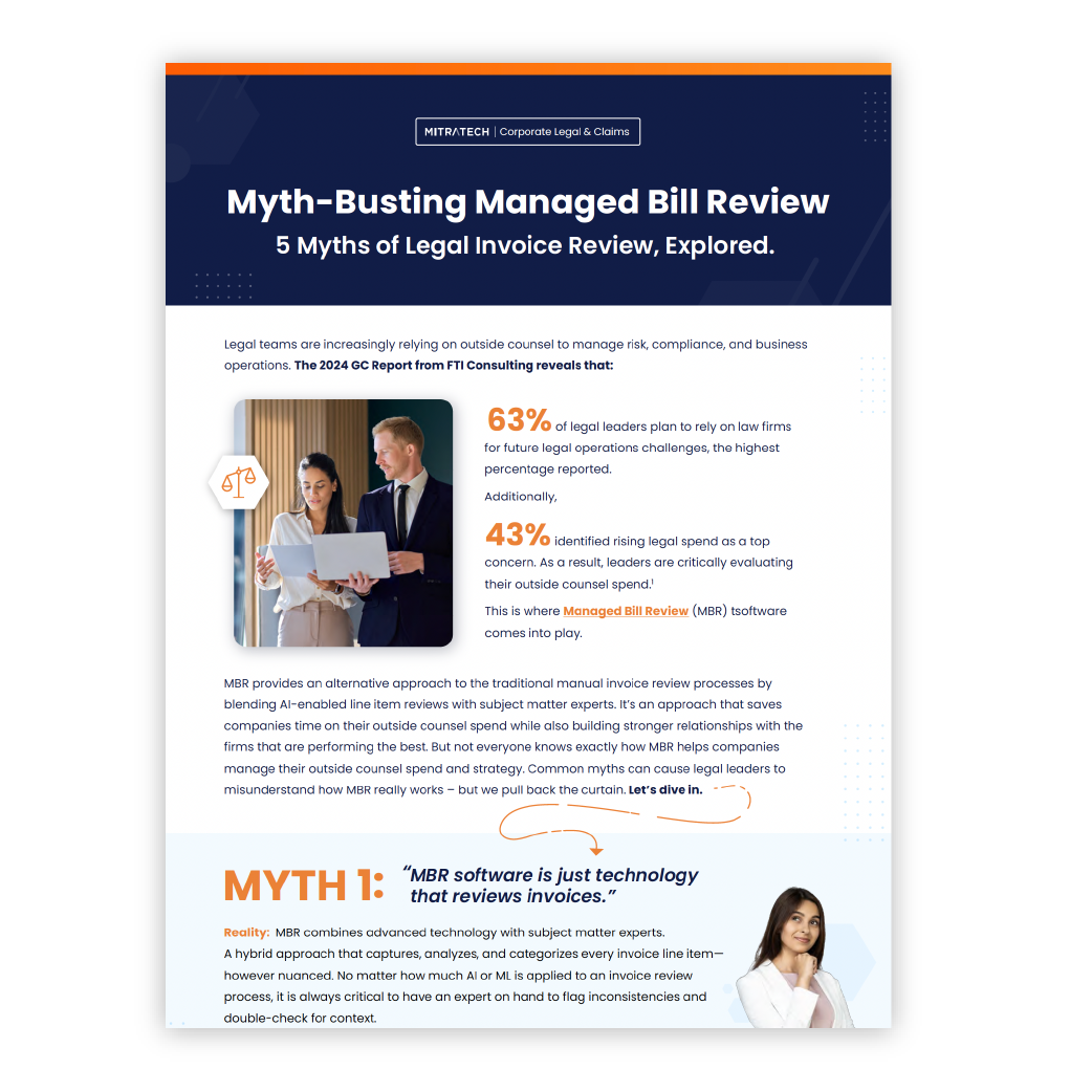 Mitratech guide cover: Myth-Busting Managed Bill Review — 5 Myths of Legal Invoice Review, Explored