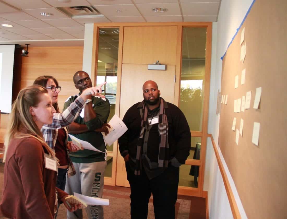 Law students collaborate on a process map during a LegalRnD workshop at Michigan State University College of Law. Law students collaborate on a process map during a LegalRnD workshop at Michigan State University College of Law.