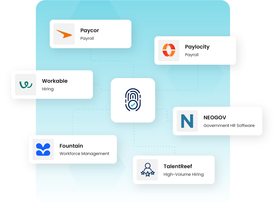 Background screening software integrations supported by AssureHire including Workday Greenhouse iCIMS Lever and Paylocity