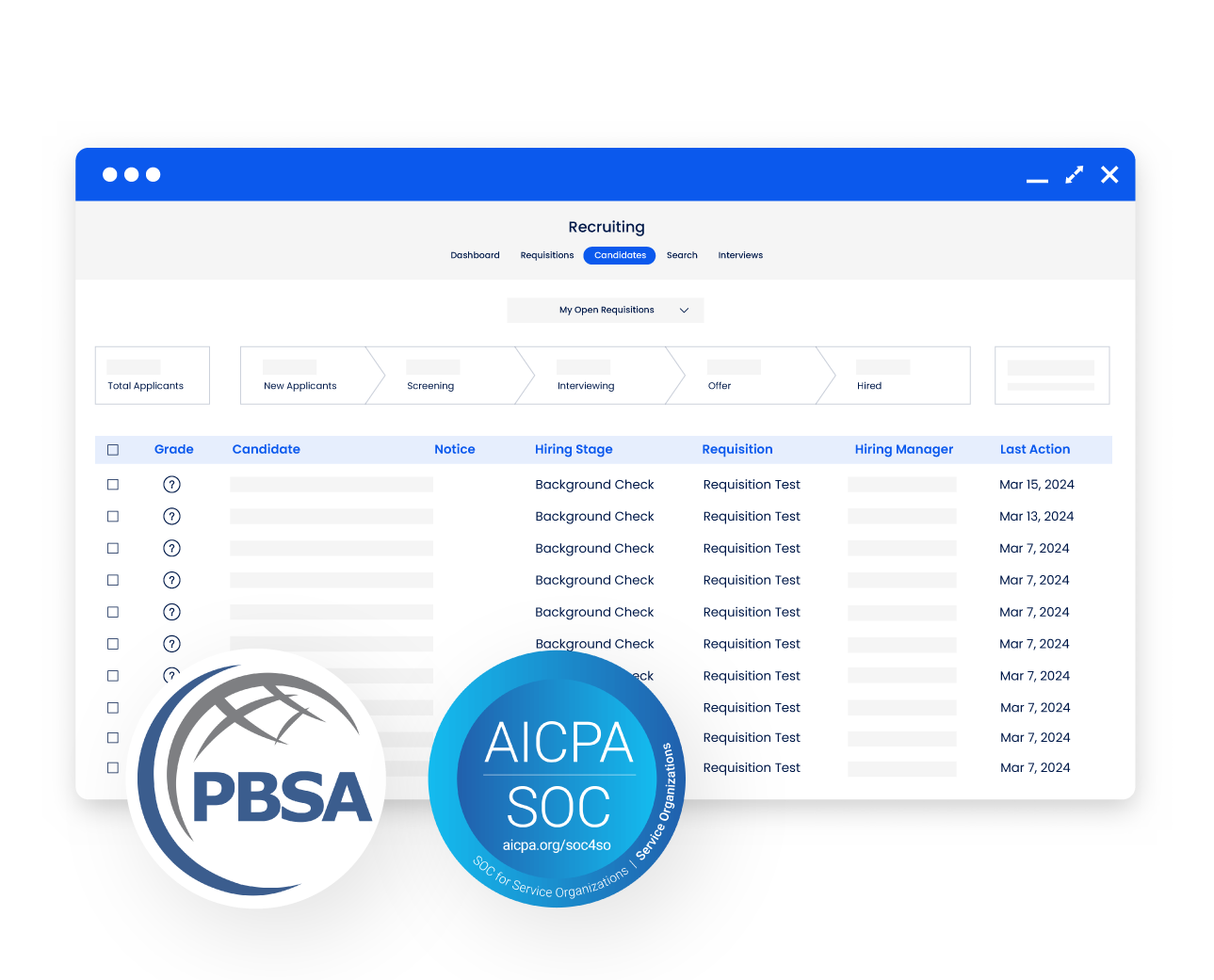 Mitratech AssureHire recruiting dashboard showing background check workflows with PBSA and AICPA SOC compliance certifications.