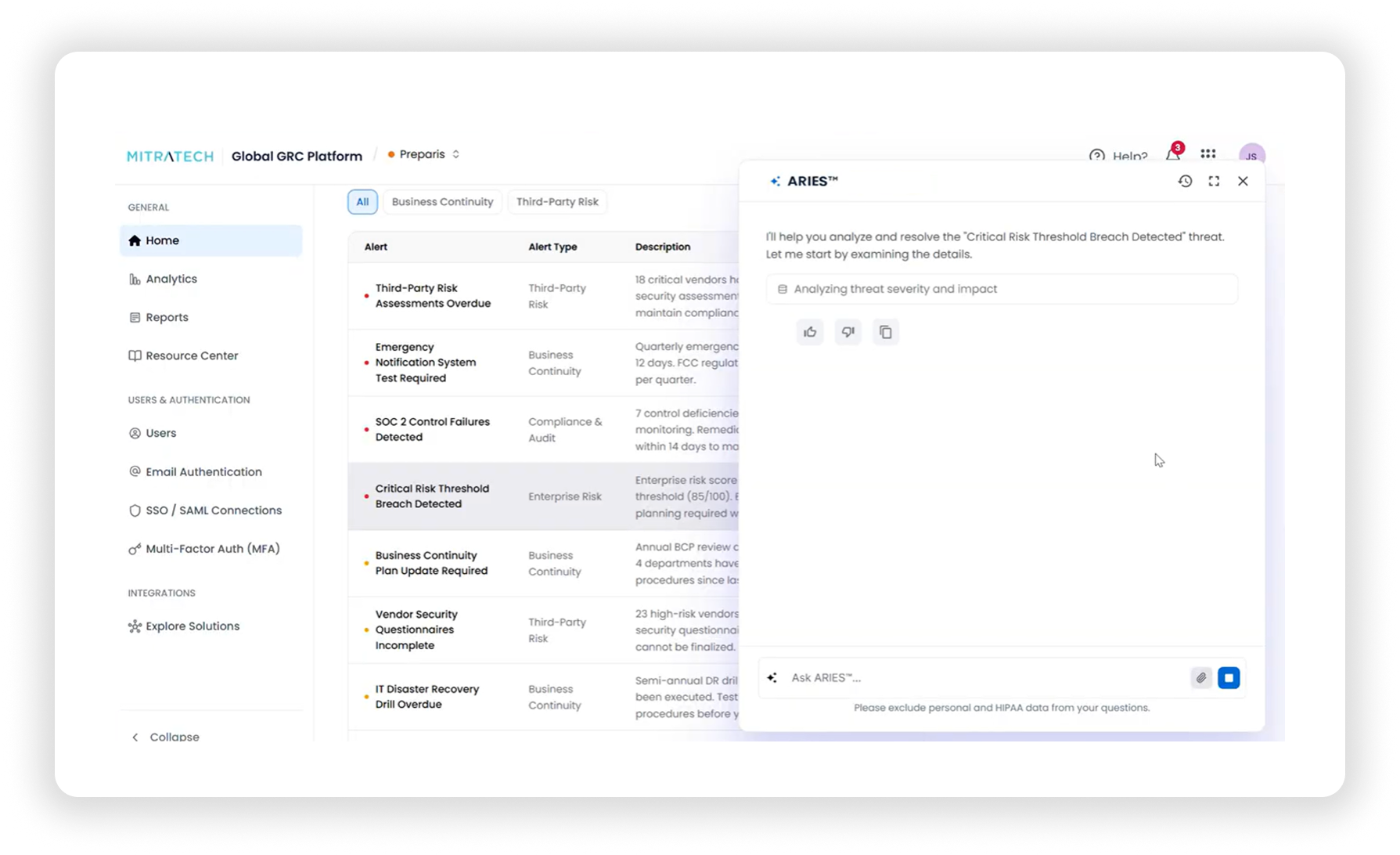 ARIES AI agent interface for GRC risk analysis in Mitratech platform