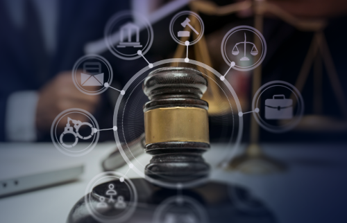 A gavel surrounded by icons representing legal and case management functions (documents, courthouse, scales of justice, briefcase, collaboration), symbolizing AI-connected legal workflows.