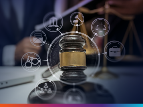 A gavel surrounded by icons representing legal and case management functions (documents, courthouse, scales of justice, briefcase, collaboration), symbolizing AI-connected legal workflows.