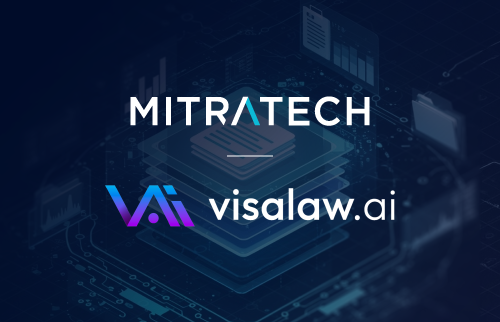Mitratech and Visalaw AI partnership announcement blog banner with dark blue tech background.