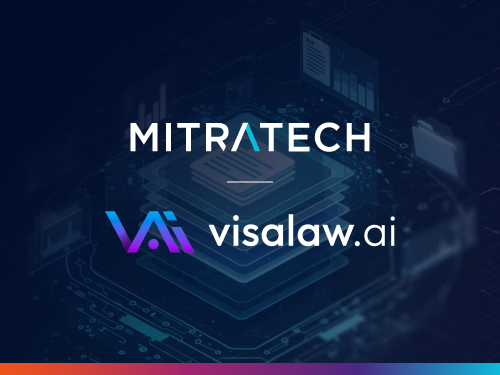 Mitratech and Visalaw AI partnership announcement blog banner with dark blue tech background.