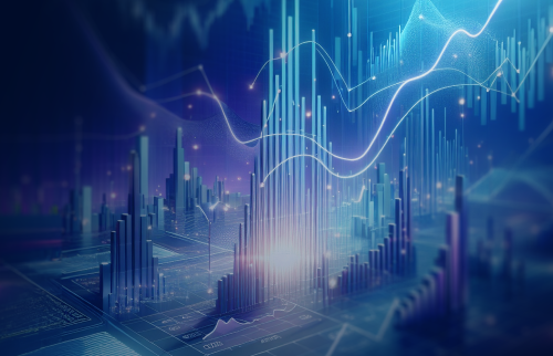 Digital data visualization of financial bar charts and growth trend lines representing legal spend management and cost analytics