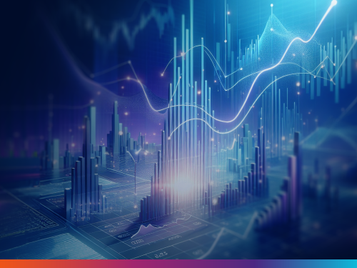 Digital data visualization of financial bar charts and growth trend lines representing legal spend management and cost analytics