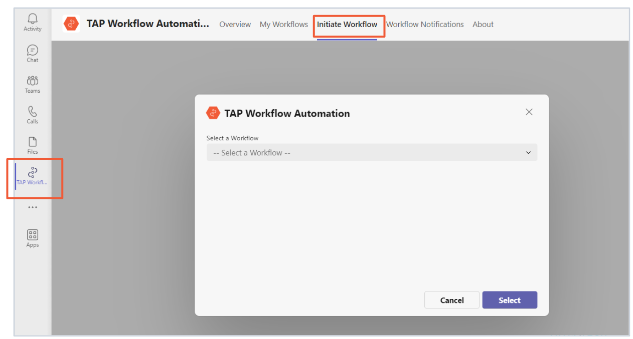 Initiate a new workflow from within the Teams app based on user permission.