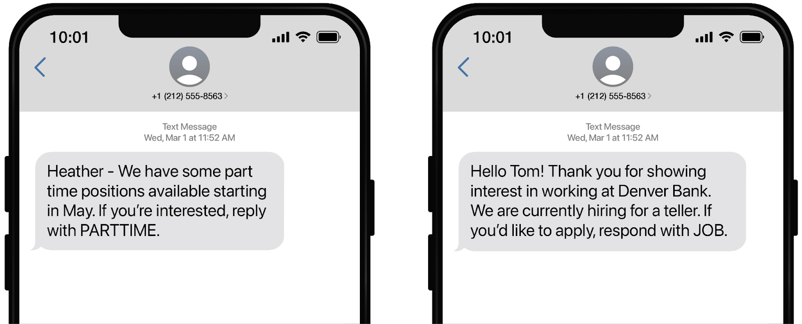 Phone screen showing a text message to a candidate displaying the keyword PARTTIME as response call to action