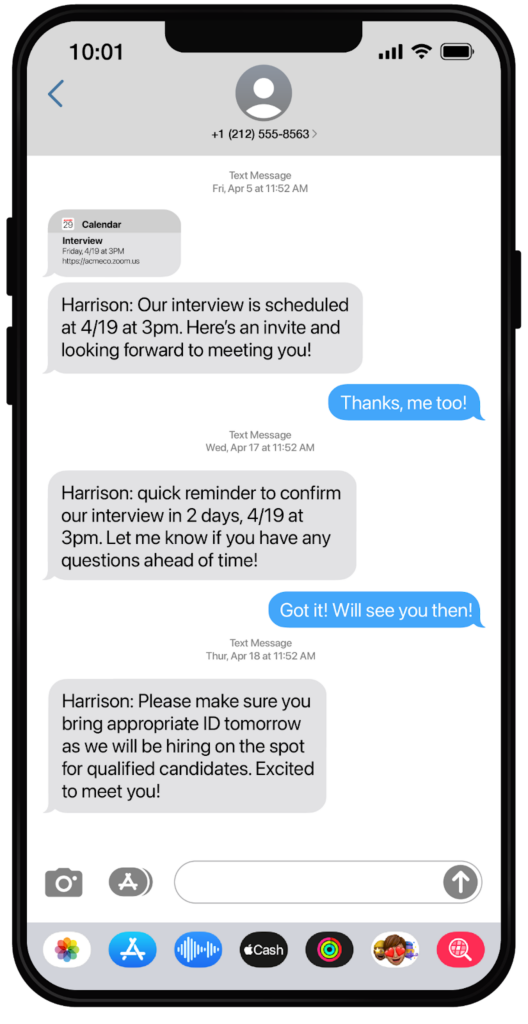 Phone screen showing a series of text messages to a candidate with interview information and reminders